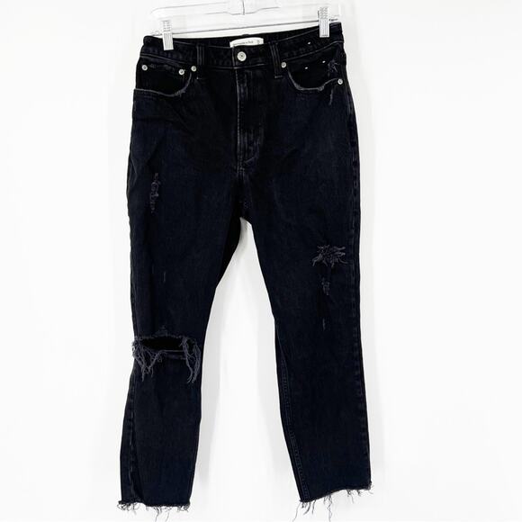 Abercrombie & Fitch Curve Love The Mom High Rise Jeans Distressed Raw Hem Black - Picture 1 of 7
